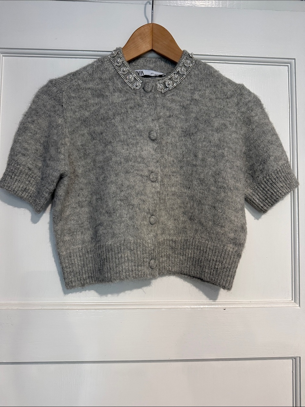 Zara Gray Short-Sleeve Sweater Cardigan with Jeweled Collar